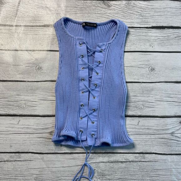 Zara ribbed blue lace up crop top - Picture 2 of 4